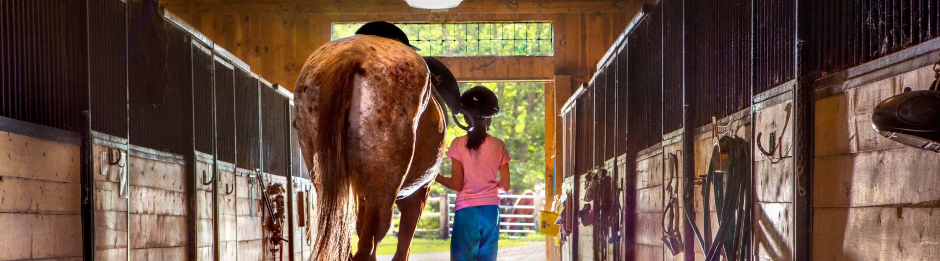 girl walking out of a stable with a horse