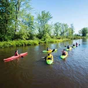 a line of campers in kayaks on a river