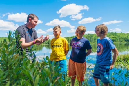 a counselor shows different leaves while three campers look on