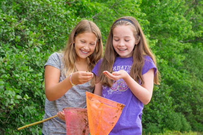 two girls holding nets and looking at small animals in their hands