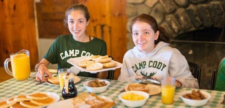 two campers eating breakfast