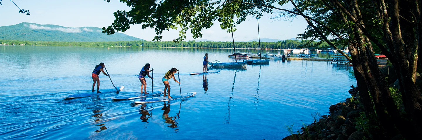 a group of people paddle boarding